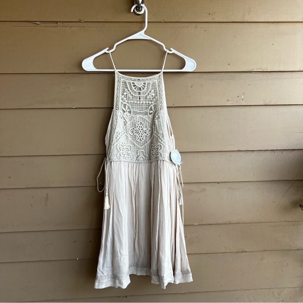 En Creme Cream Crochet Halter Mini Dress